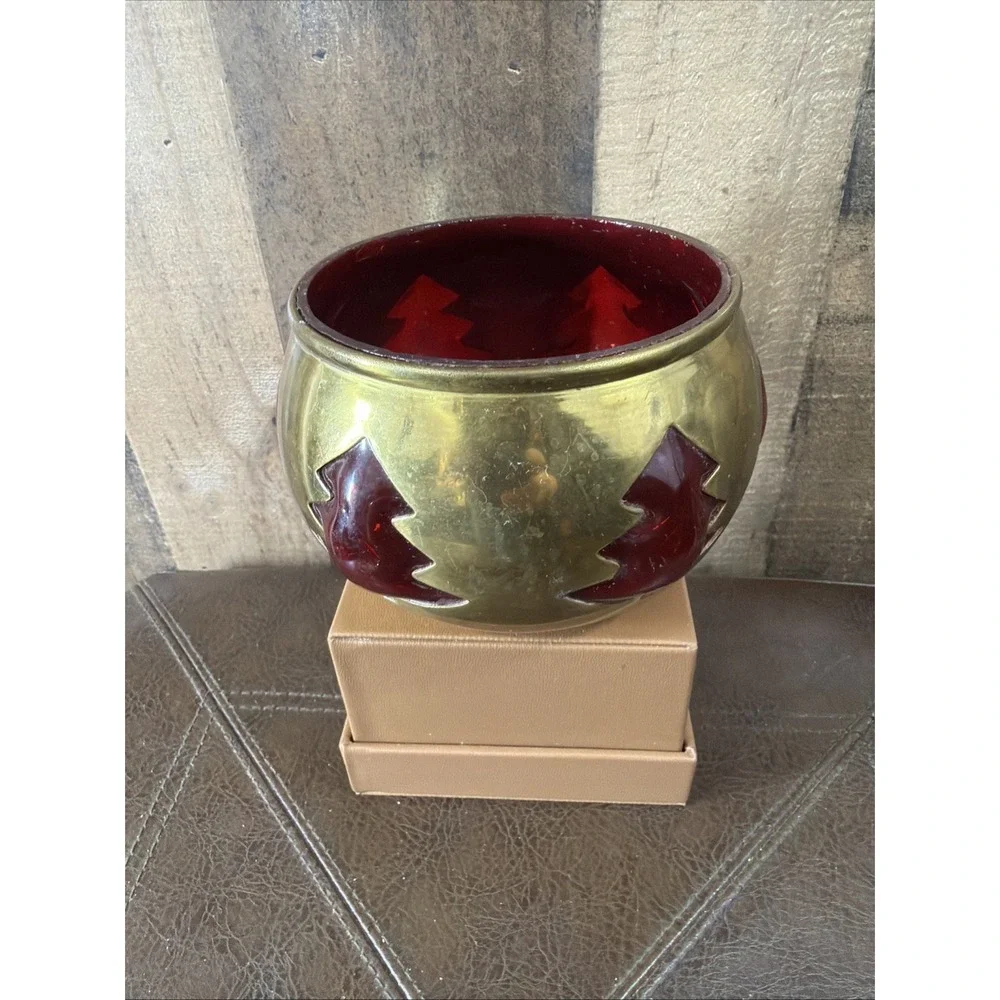 Vintage‎ Brass Ruby Red Glass Christmas Tree Votive Candle Holder Bowl 5.5